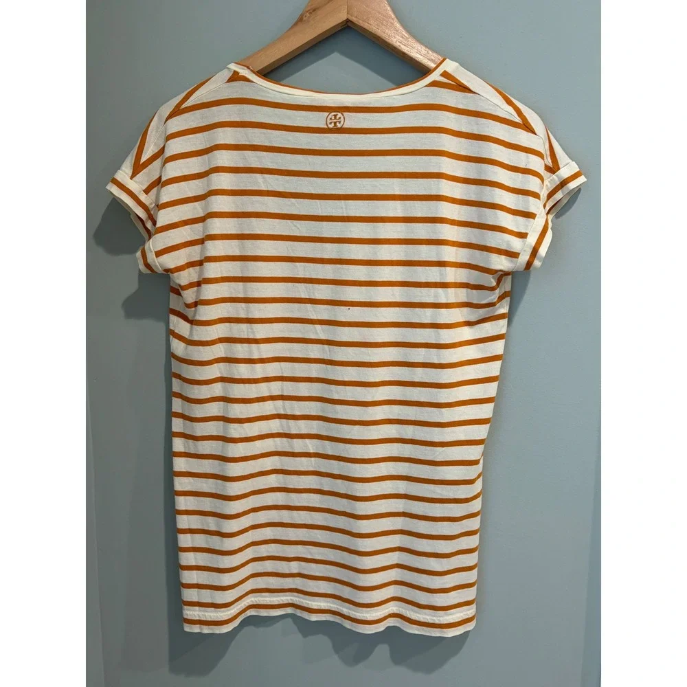 Tory Burch Orange Cream Striped Pima Cotton V-Neck T-Shirt XS‎ Short Sleeve Top